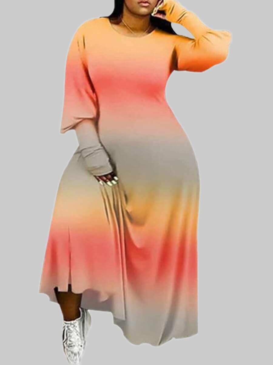 

Lovely Stylish O Neck Tie-dye Orange Maxi Plus Size Dress