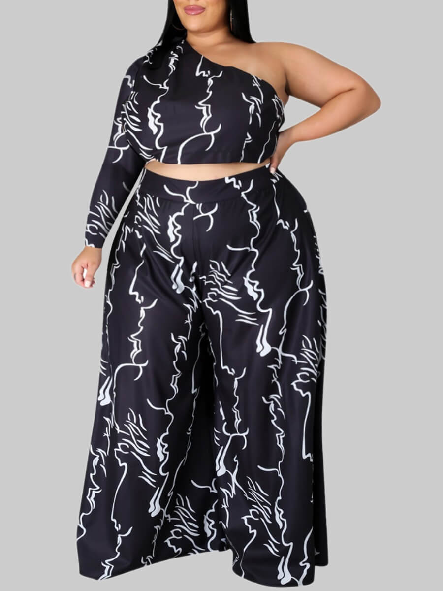 

Lovely Stylish One Shoulder Print Black Plus Size Two-piece Pants Set