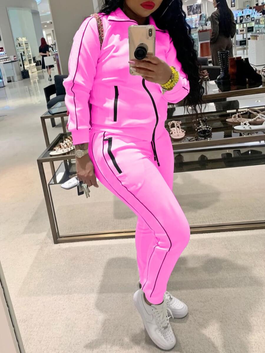 

Lovely Sportswear Turndown Collar Patchwork Pink Two Piece Pants Set