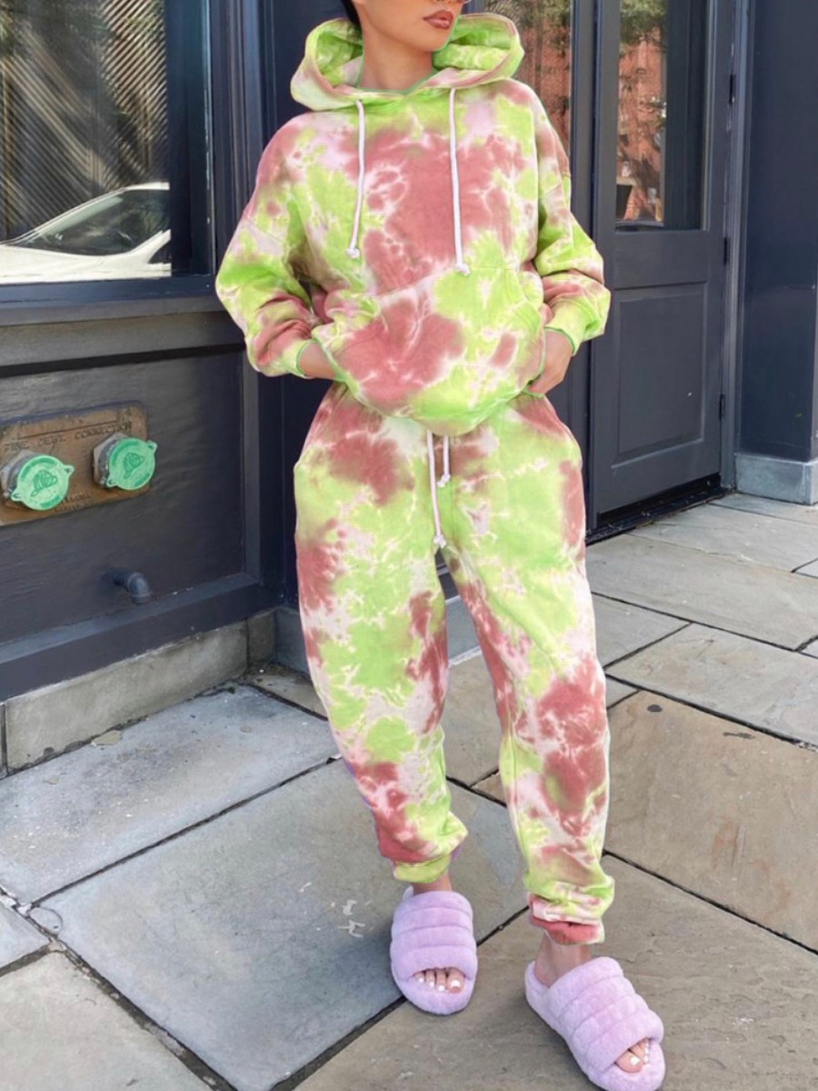 

Lovely Casual Hooded Collar Tie Dye Green Two Piece Pants Set