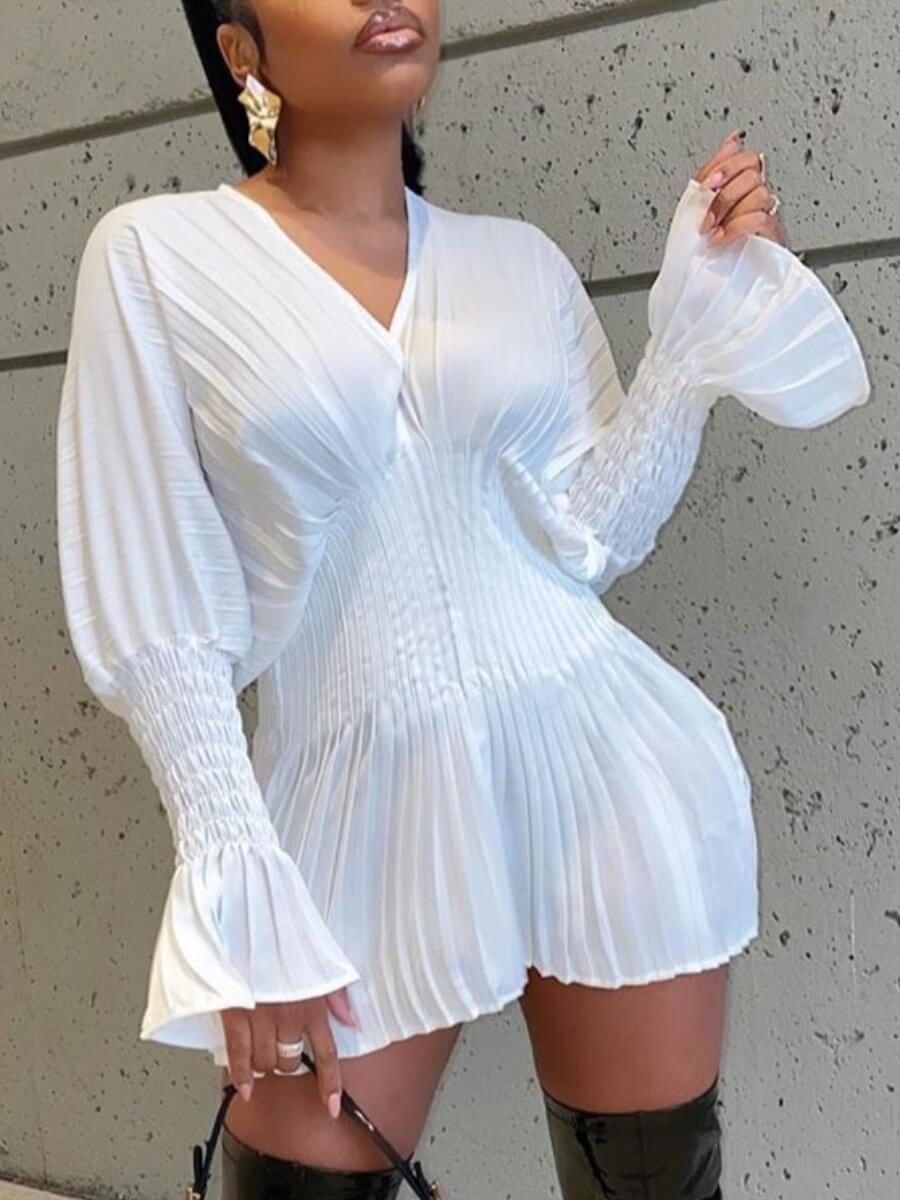 

Lovely Stylish V Neck Fold Design White Mini Dress