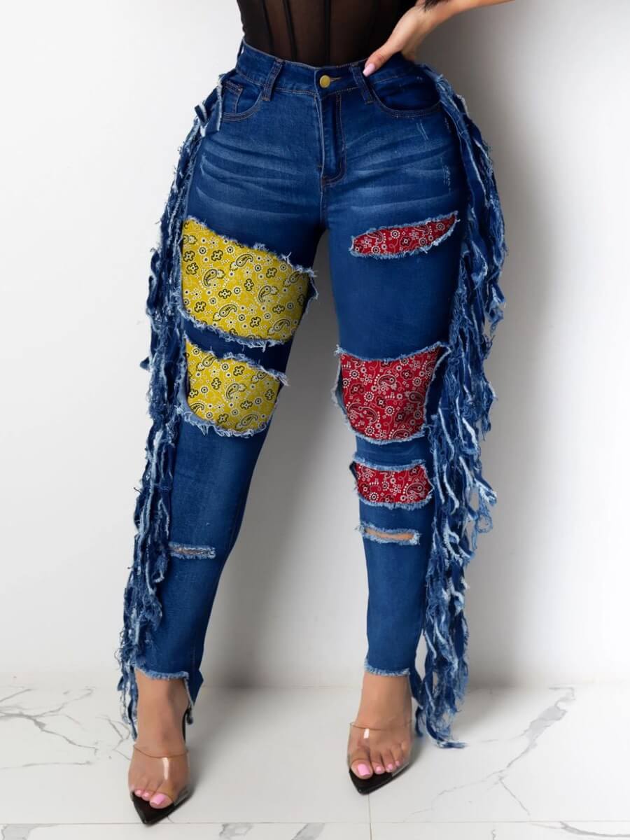 casual tassel design blue jeans