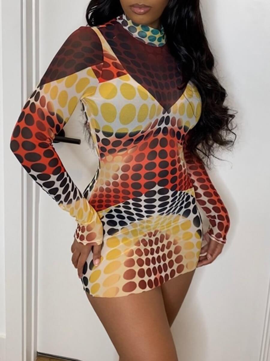 

Lovely Stylish Half A Turtleneck Print Yellow Mini Dress
