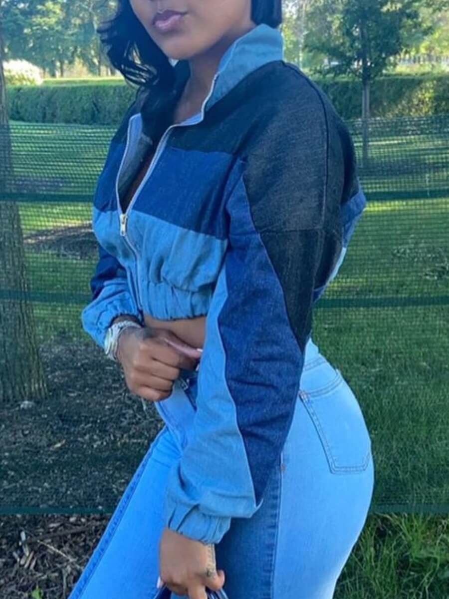 

Lovely Casual Turndown Collar Patchwork Blue Denim Jacket