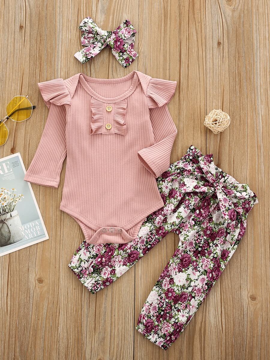 

Lovely Leisure O Neck Floral Print Pink Girl Two-piece Pants Set