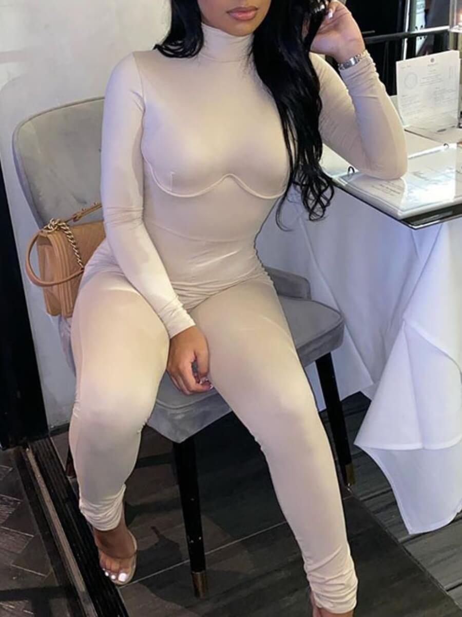 

Lovely Casual Turtleneck Skinny White Plus Size One-piece Jumpsuit