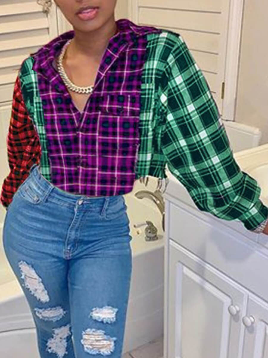 

Lovely Stylish Turndown Collar Grid Print Patchwork Purple Blouse