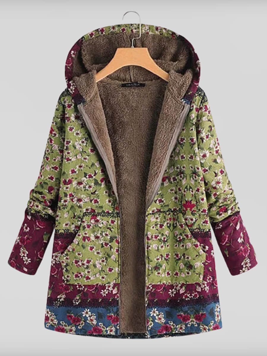 

Lovely Casual Hooded Collar Floral Print Green Coat