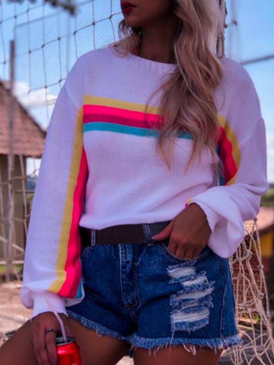 

Lovely Leisure O Neck Rainbow Striped White Sweater