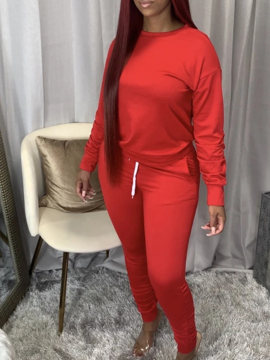 

lovely Casual O Neck Basic Skinny Red Two Piece Pants Set