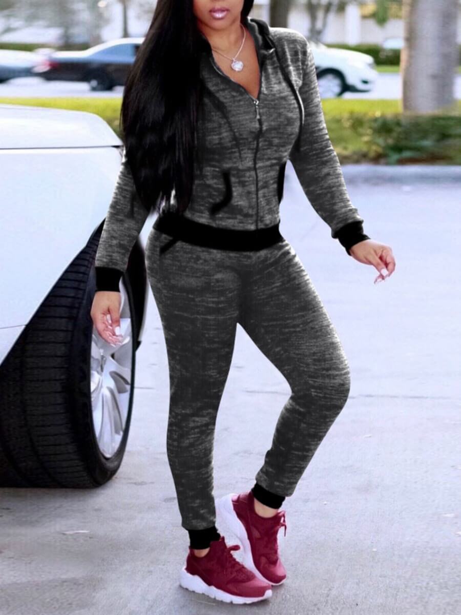 

Lovely Casual Hooded Collar Zipper Design Grey Two Piece Pants Set