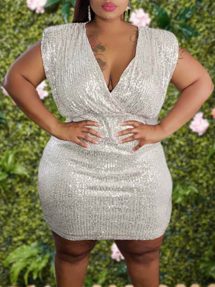 

Lovely Sexy Deep V Neck Sequined Silver Knee Length Plus Size Dress