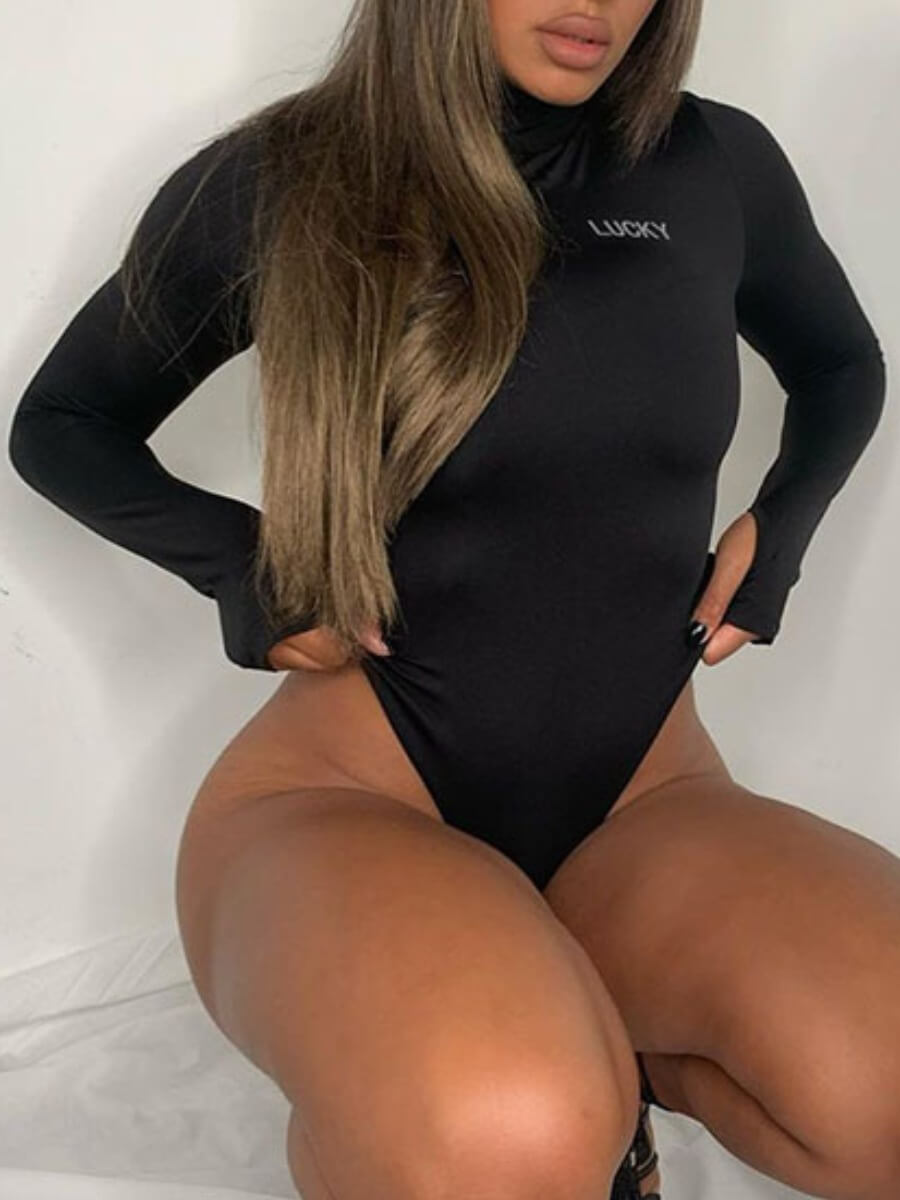 

Lovely Sexy Turtleneck Letter Print Black Bodysuit
