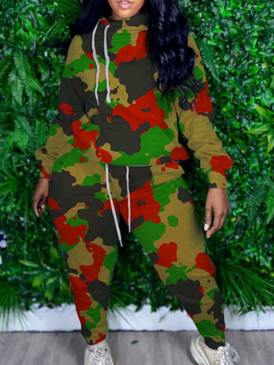 

Lovely Stylish Hooded Collar Camo Print Multicolor Plus Size Two-piece Pants Set, Multi