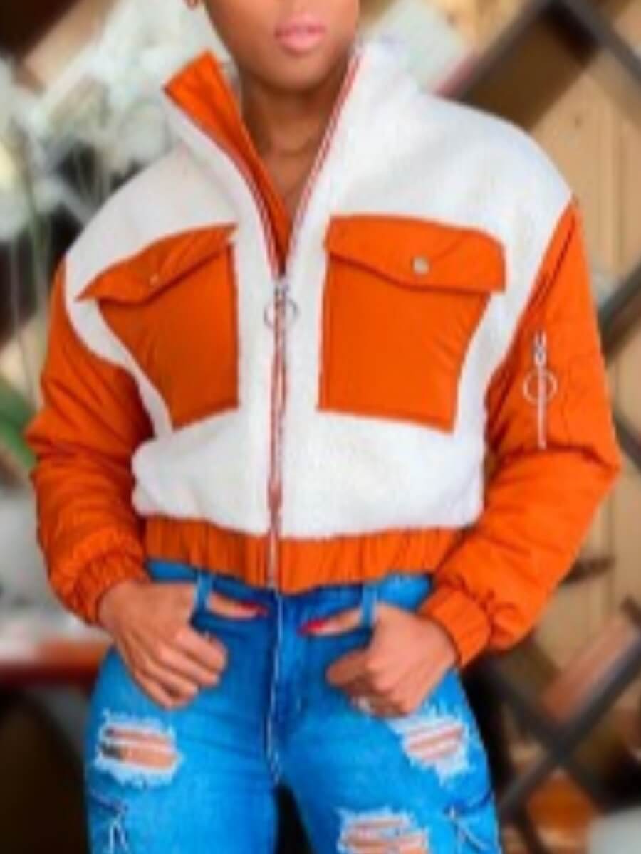 

Lovely Casual Patchwork Zipper Design Orange Coat