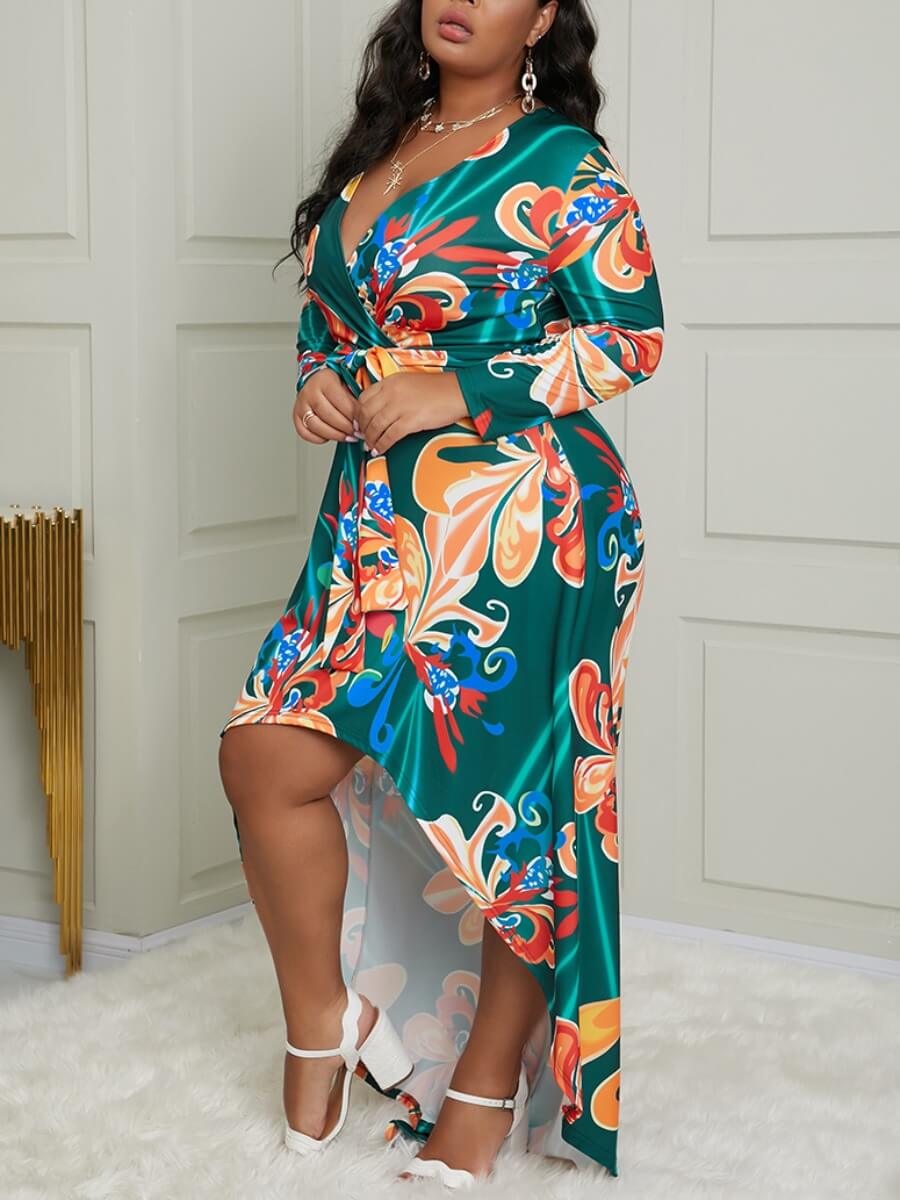 

Lovely Bohemian V Neck Plants Print Asymmetrical Green Maxi Plus Size Dress