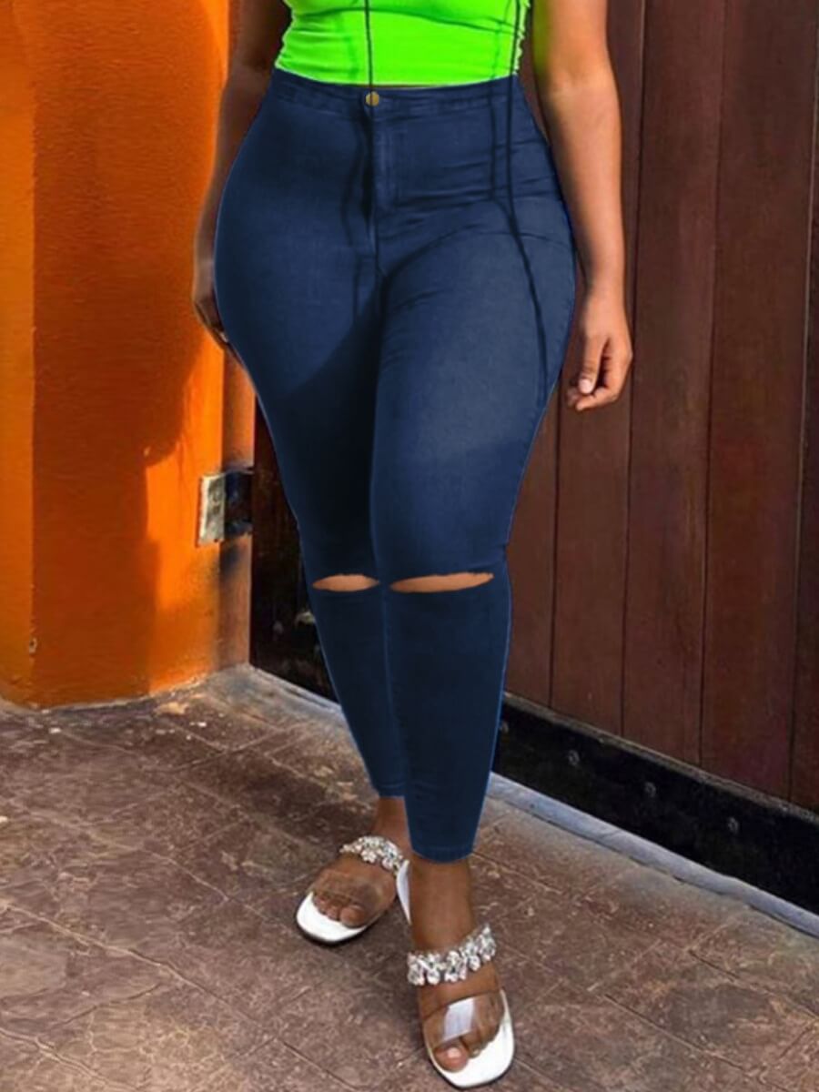 

Lovely Casual Broken Holes Deep Blue Jeans