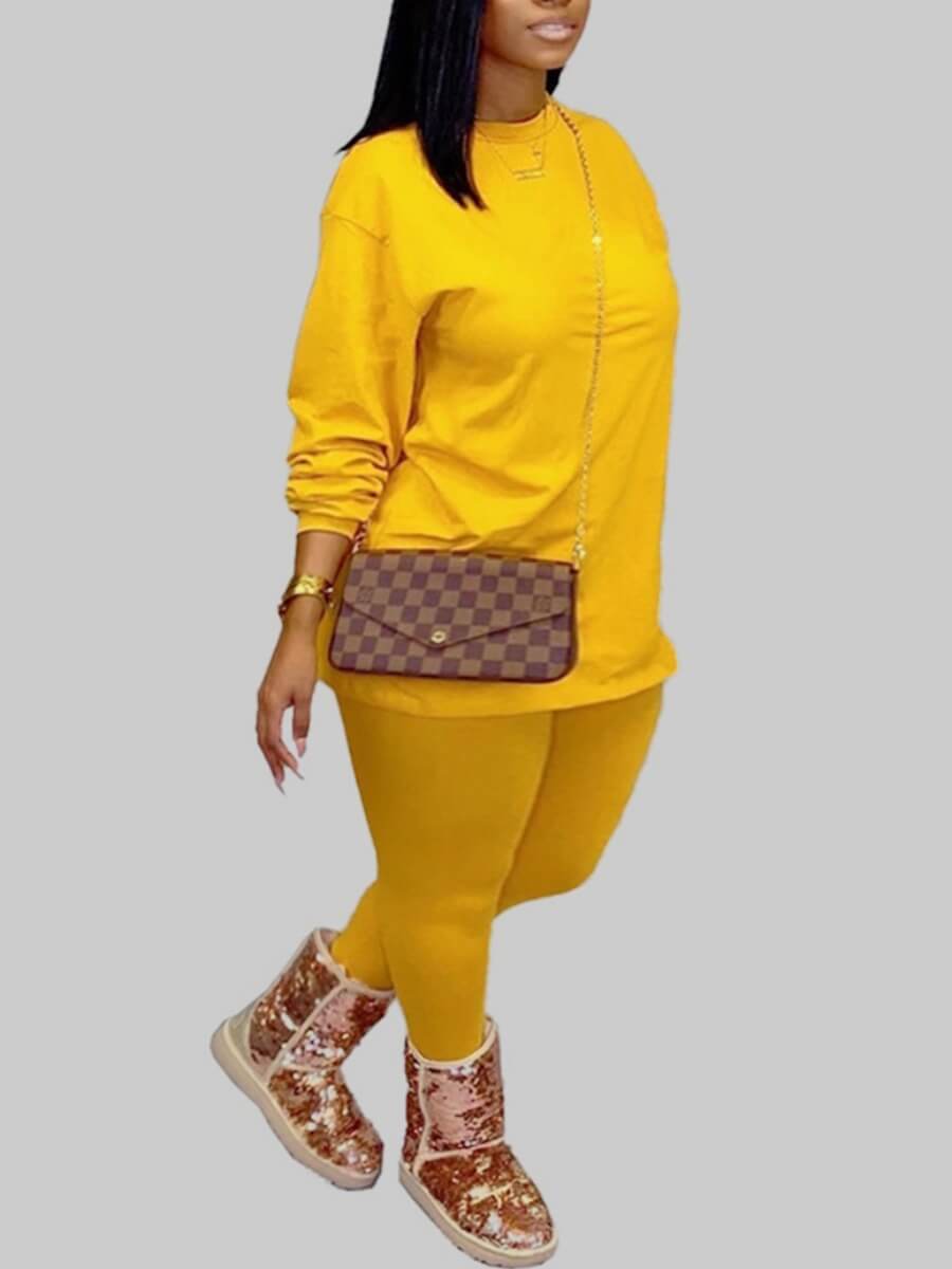 

Lovely Casual O Neck Basic Yellow Plus Size Two-piece Pants Set