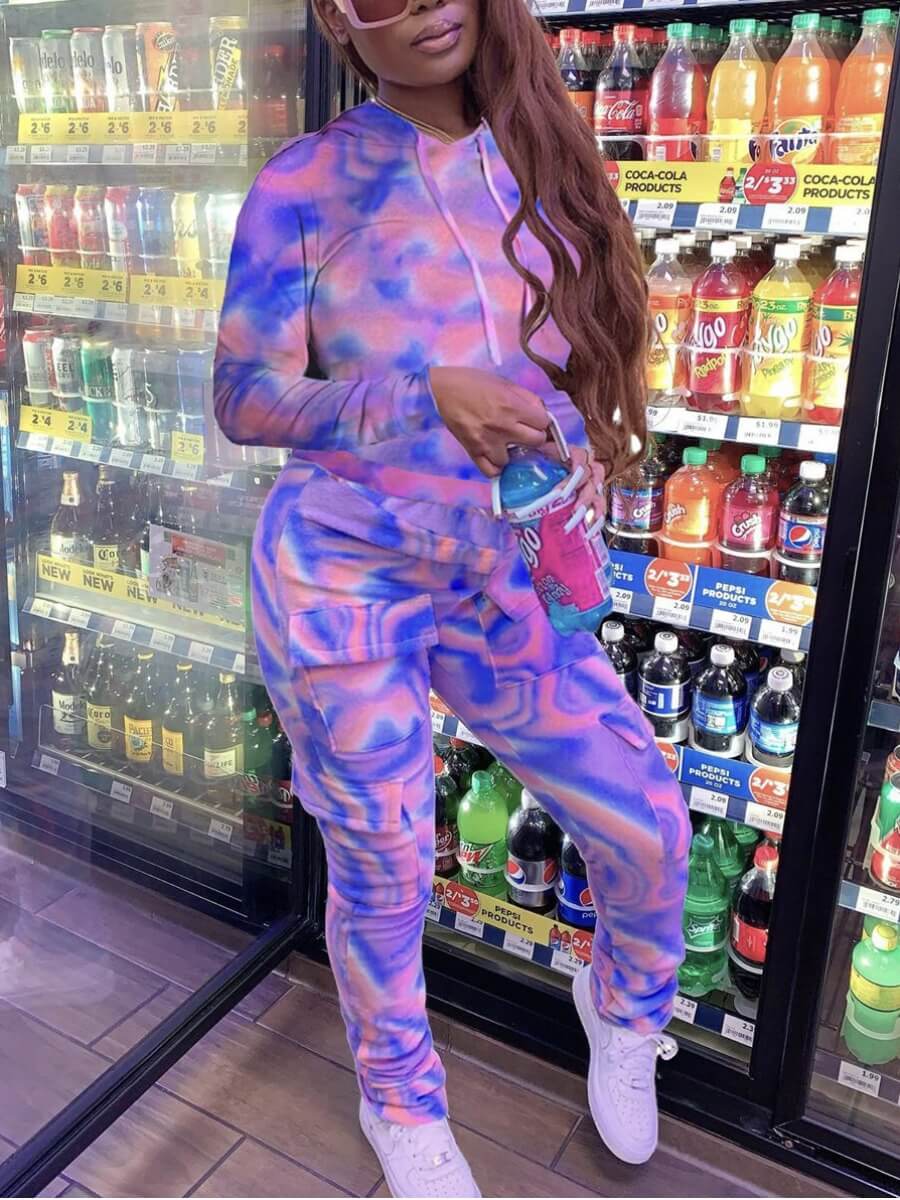 

Lovely Street Hooded Collar Print Blue Two Piece Pants Set