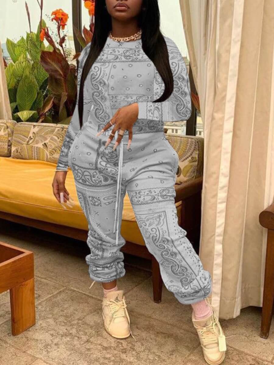 

Lovely Casual O Neck Print Grey Two Piece Pants Set