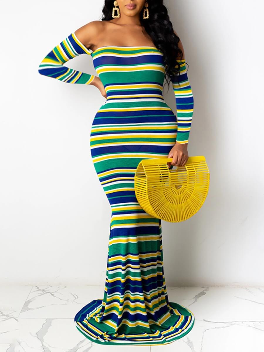 

Lovely Stylish Dew Shoulder Striped Green Maxi Dress