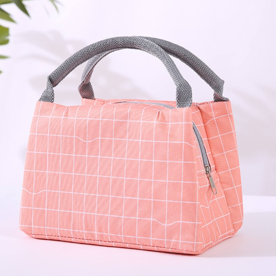 

Lovely Leisure Zipper Design Grid Print Pink Lunch Box Bag