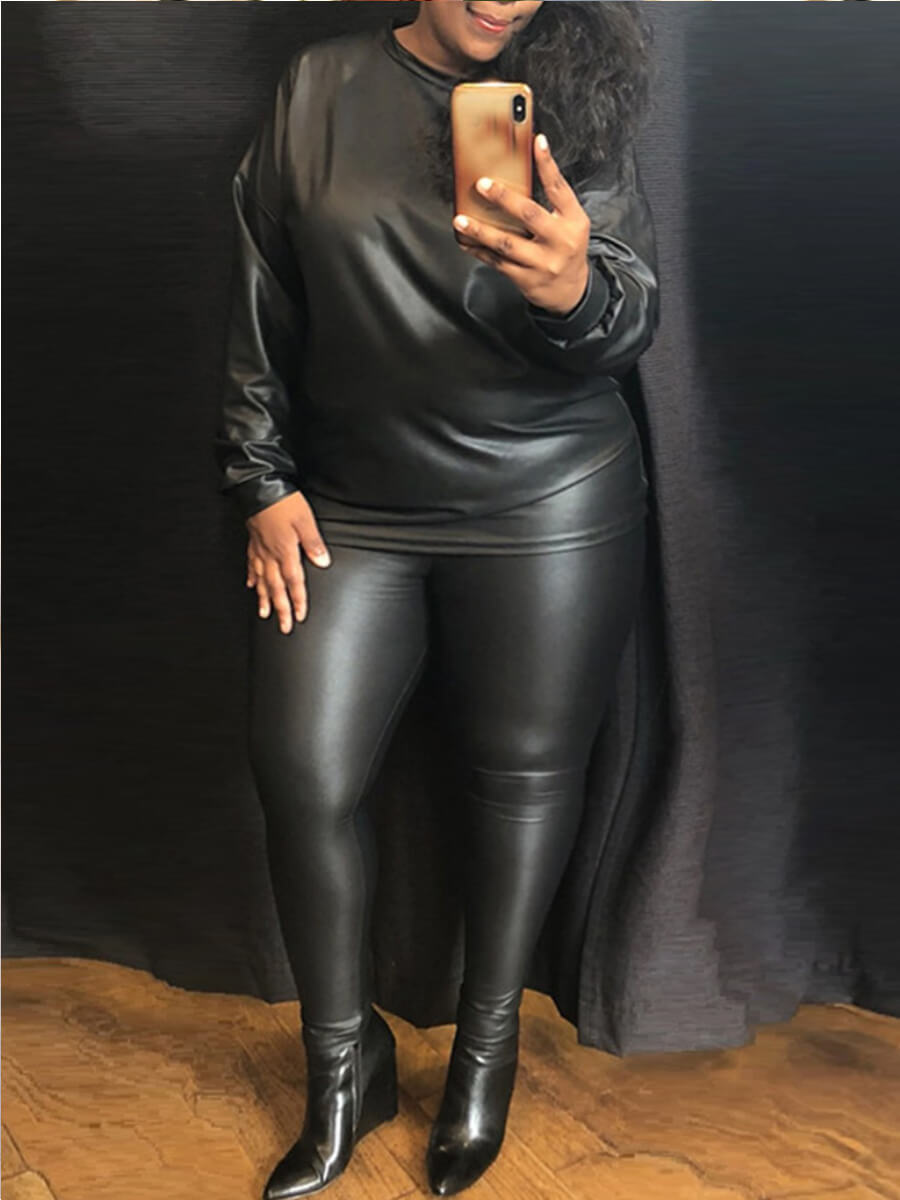 

Lovely Casual O Neck Basic Skinny Black Plus Size Two-piece Pants Set