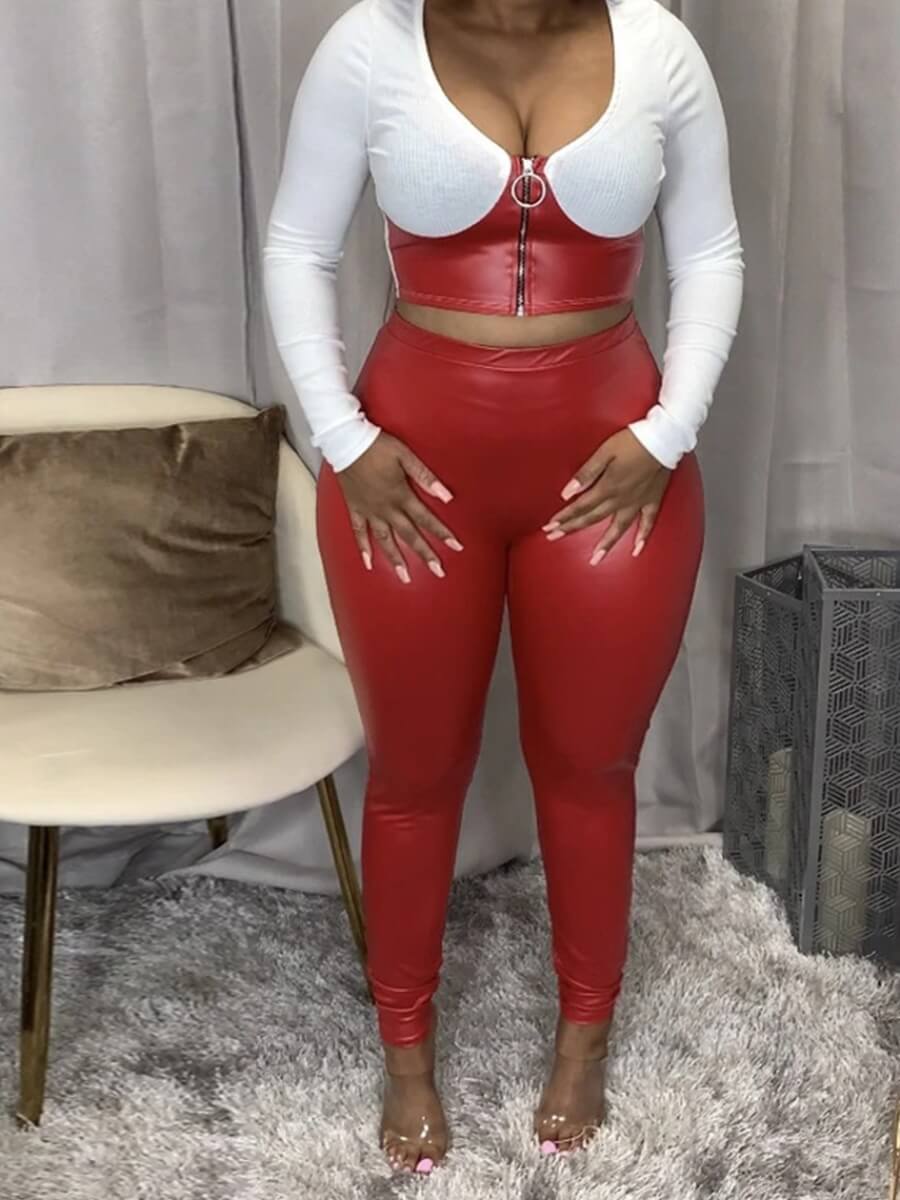 

Lovely Casual U Neck Patchwork Zipper Design Red Plus Size Two-piece Pants Set