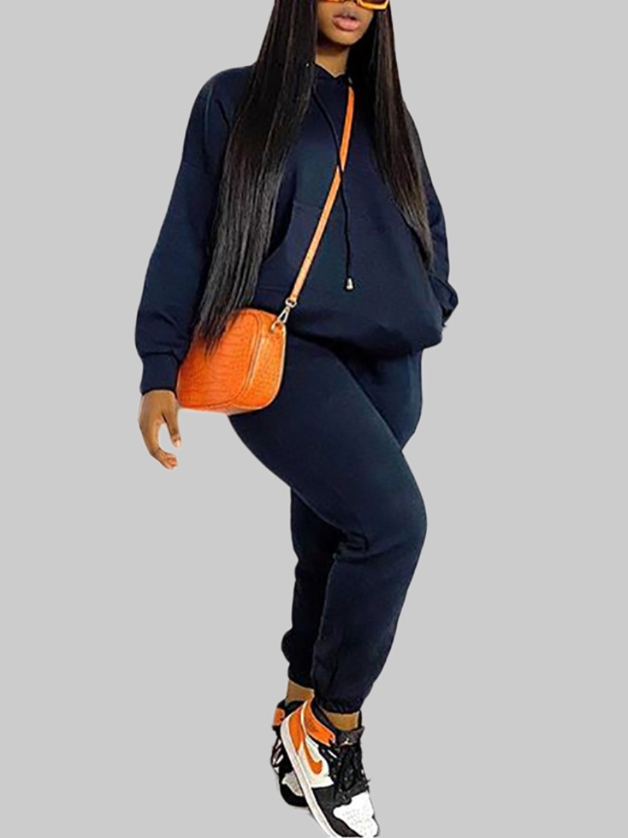 

Lovely Sportswear Hooded Collar Basic Black Plus Size Two-piece Pants Set