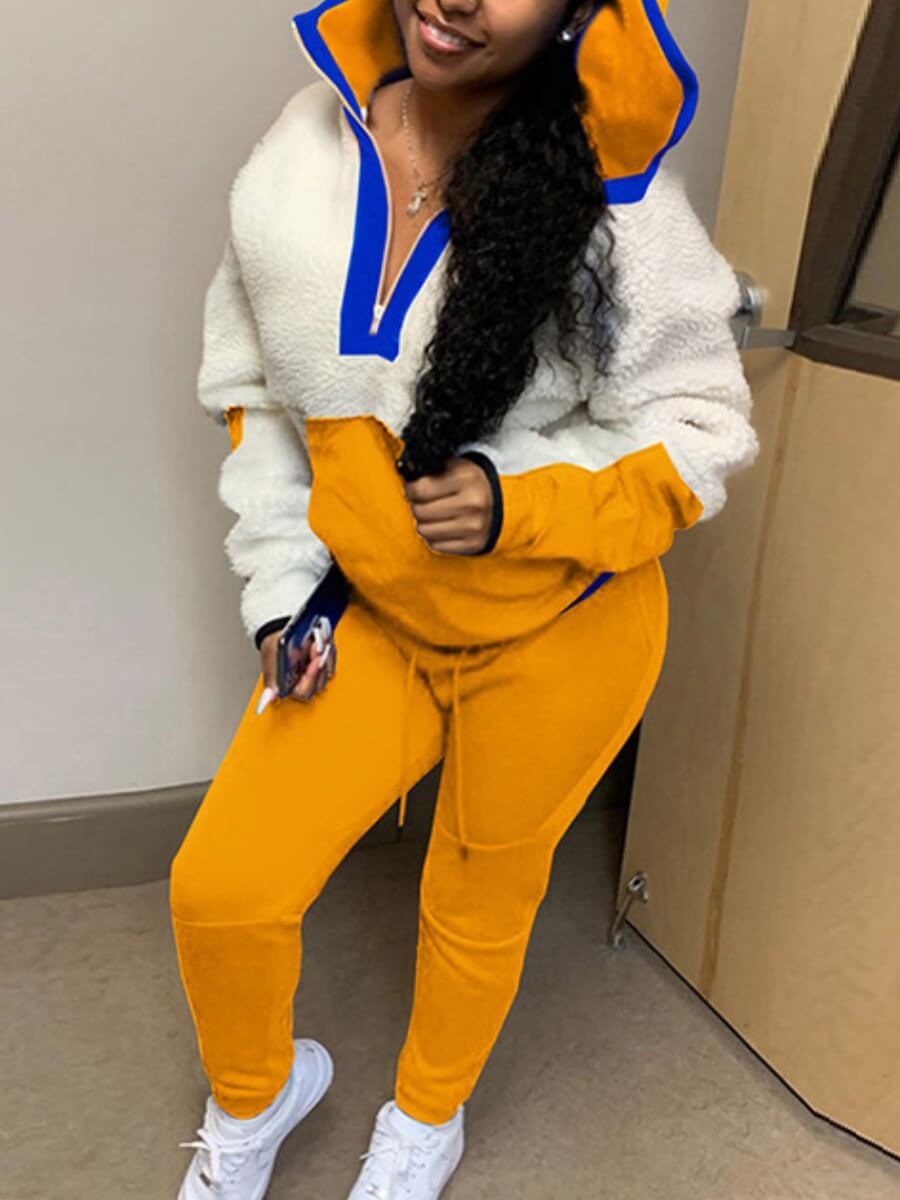 

Lovely Stylish Hooded Collar Patchwork Orange Yellow Two Piece Pants Set