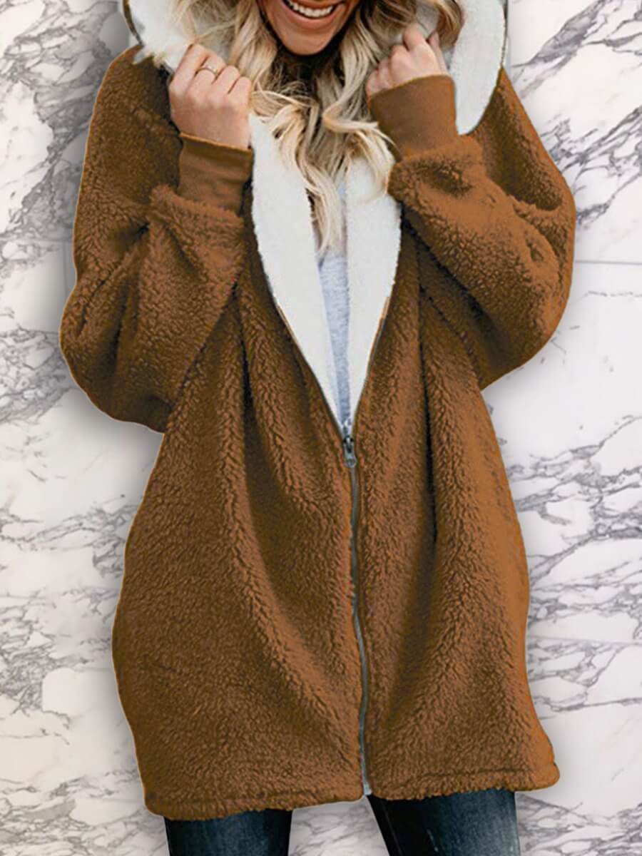 

Lovely Casual Hooded Collar Zipper Design Brown Plus Size Coat