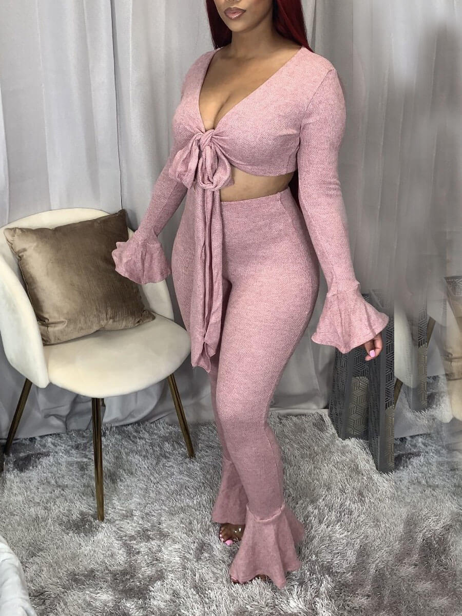 

Lovely Trendy Bandage Design Pink Two Piece Pants Set