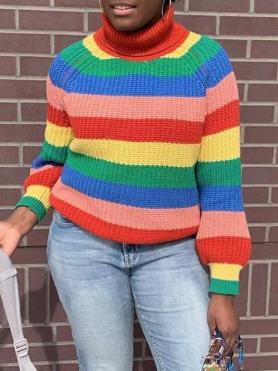 

Lovely Street Turtleneck Rainbow Striped Multicolor Sweater, Multi