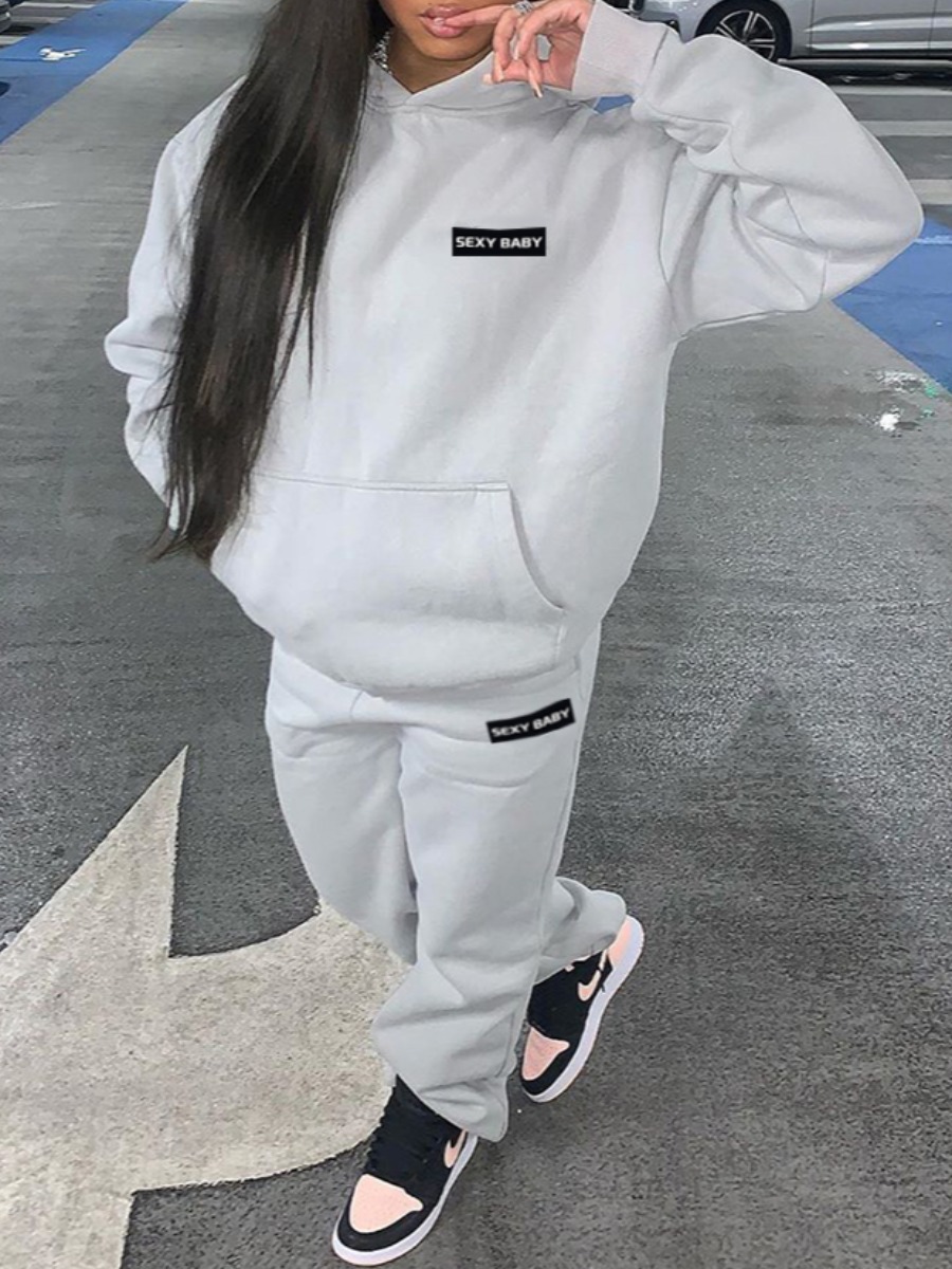 

lovely Casual Hooded Collar Letter Light Grey Two Piece Pants Set