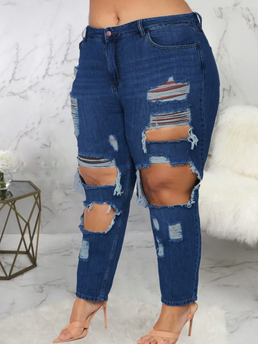 

Lovely Street Broken Holes Blue Plus Size Jeans