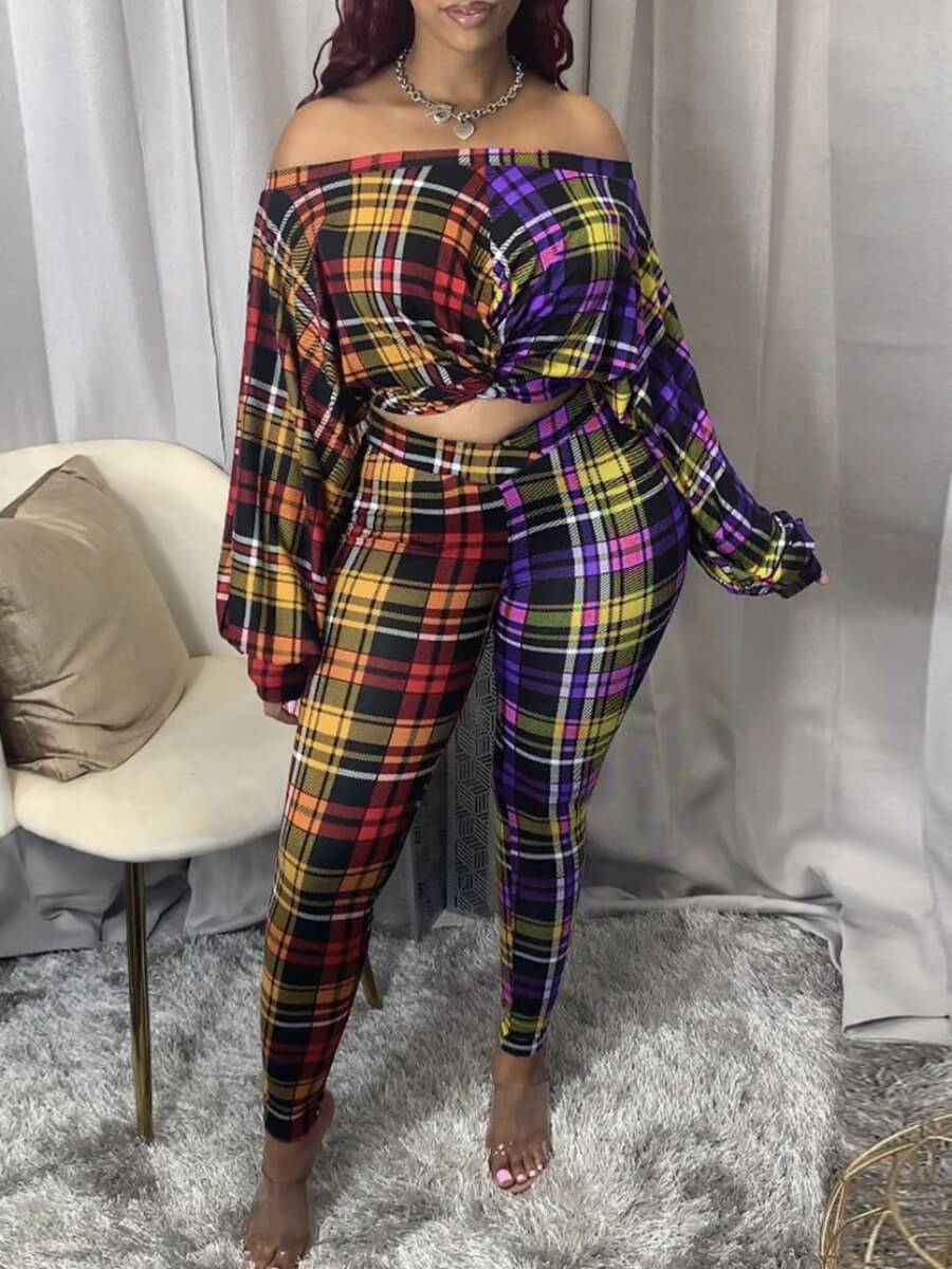 

Lovely Trendy Dew Shoulder Grid Print Knot Design Blue Two Piece Pants Set(Batch Grid Print
