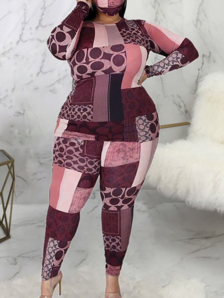 

Lovely Stylish O Neck Print Pink Plus Size Two-piece Pants Se