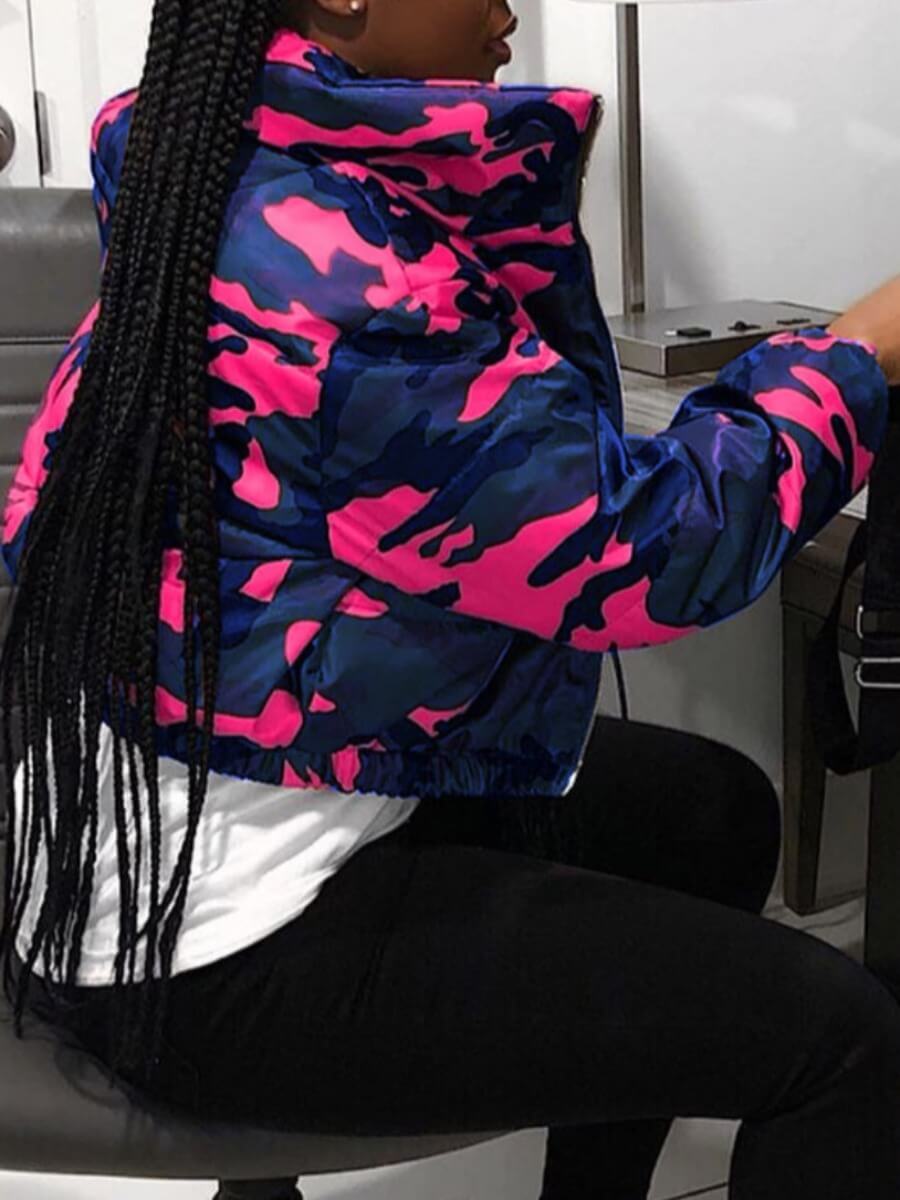 

Lovely Casual Turndown Collar Camo Print Rose Red Parka