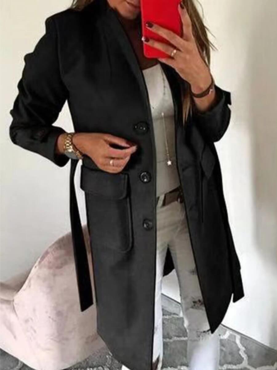 

Lovely Stylish Turndown Collar Buttons Design Black Trench Coat