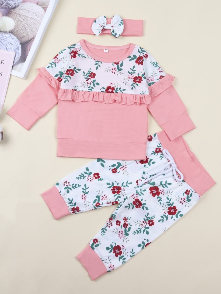 

Lovely Casual O Neck Floral Print Patchwork Pink Girl Two-piece Pants Set