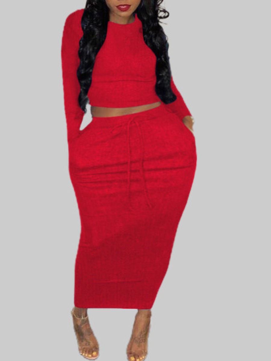 

Lovely Casual O Neck Skinny Red Plus Size Two-piece Skirt Set