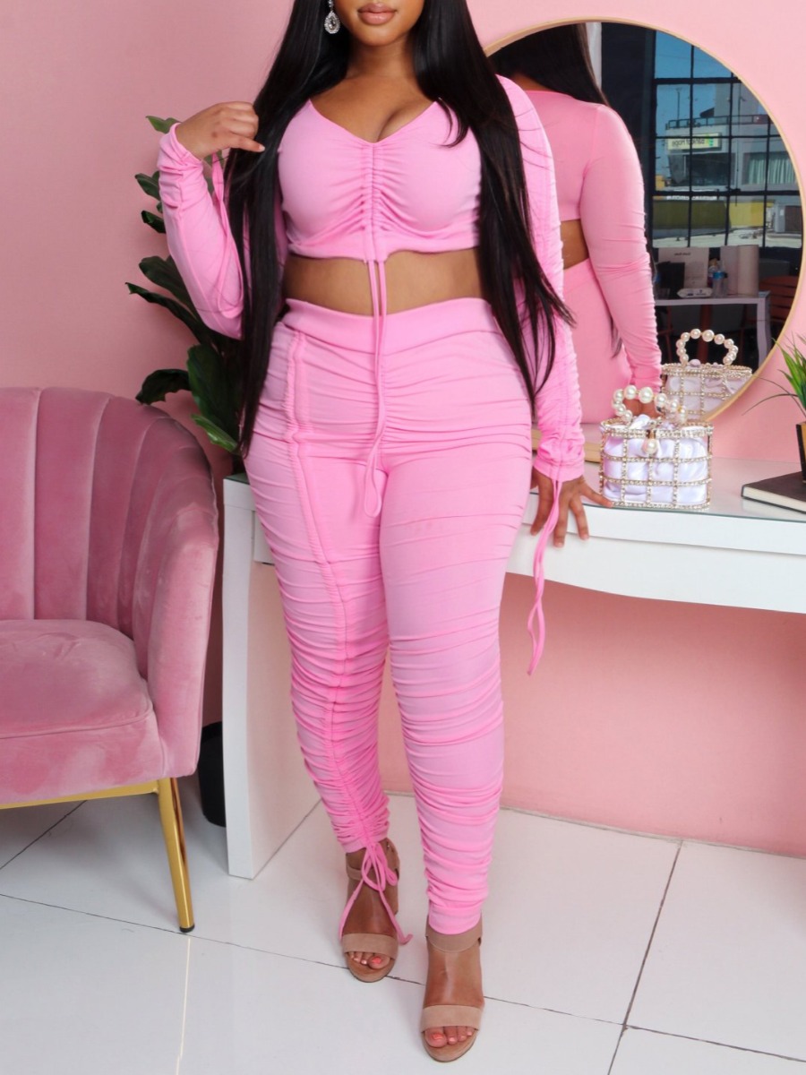 

lovely Stylish V Neck Fold Design Pink Two Piece Pants Set
