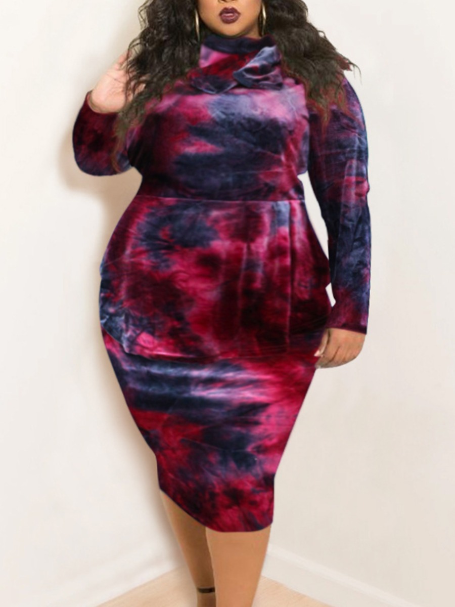 

Lovely Casual O Neck Tie-dye Wine Red Mid Calf Plus Size Dress