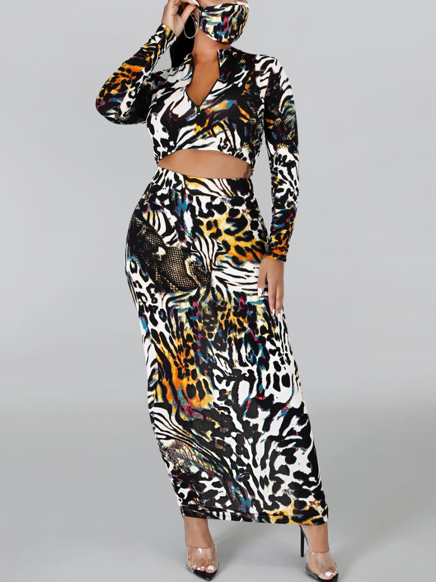 

Lovely Stylish Print Zipper Design Yellow Two Piece Skirt Set