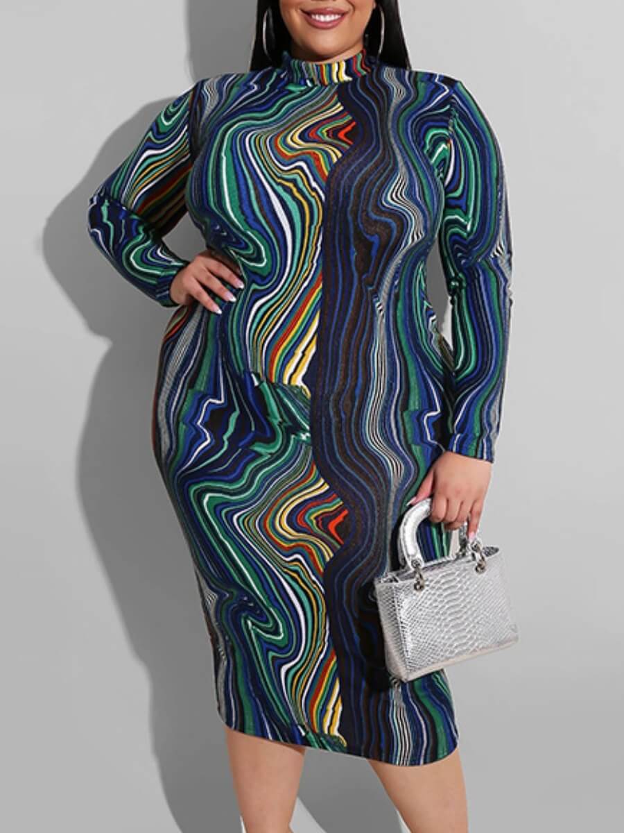 

Lovely Stylish Print Deep Blue Mid Calf Plus Size Dress