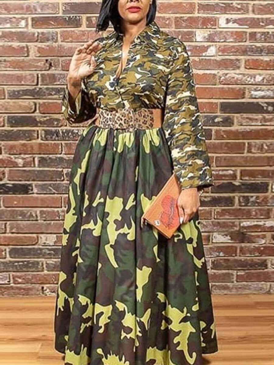 

Lovely Stylish Turndown Collar Camo Print Patchwork Army Green Maxi Plus Size Dress
