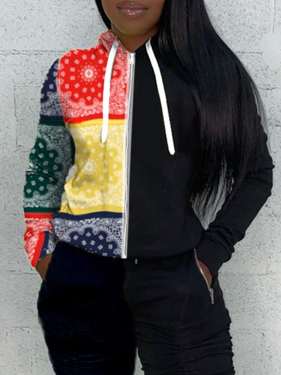 

LW Street Hooded Collar Print Patchwork Black Hoodie