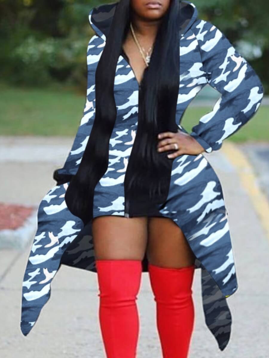 

Lovely Casual Hooded Collar Camo Print Asymmetrical Blue Coat