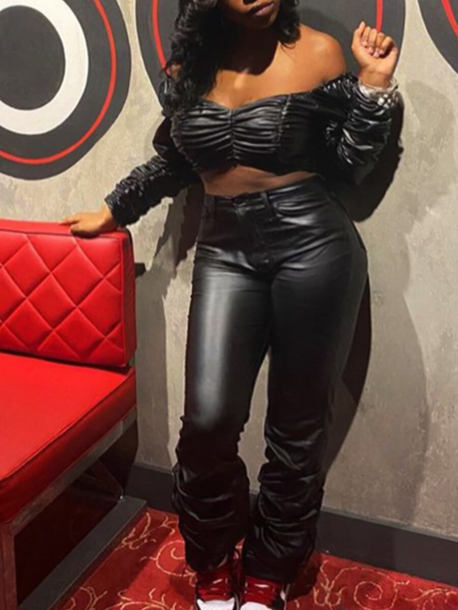 

Lovely Stylish Dew Shoulder Fold Design Black Two Piece Pants Set