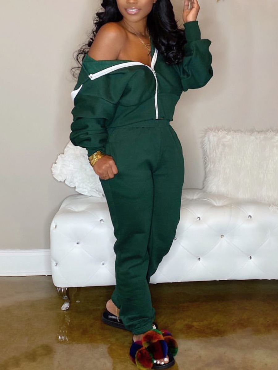 

lovely Leisure Hooded Collar Zipper Design Green Two Piece Pants Set
